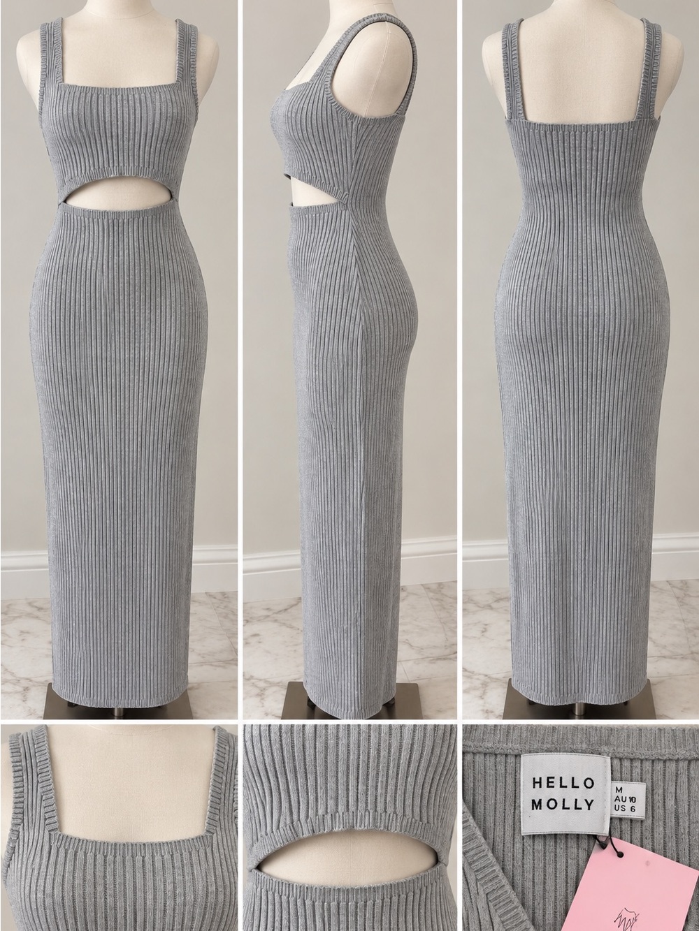 Hello Molly Gray Ribbed Knit Cutout Maxi Dress – Size M NWT